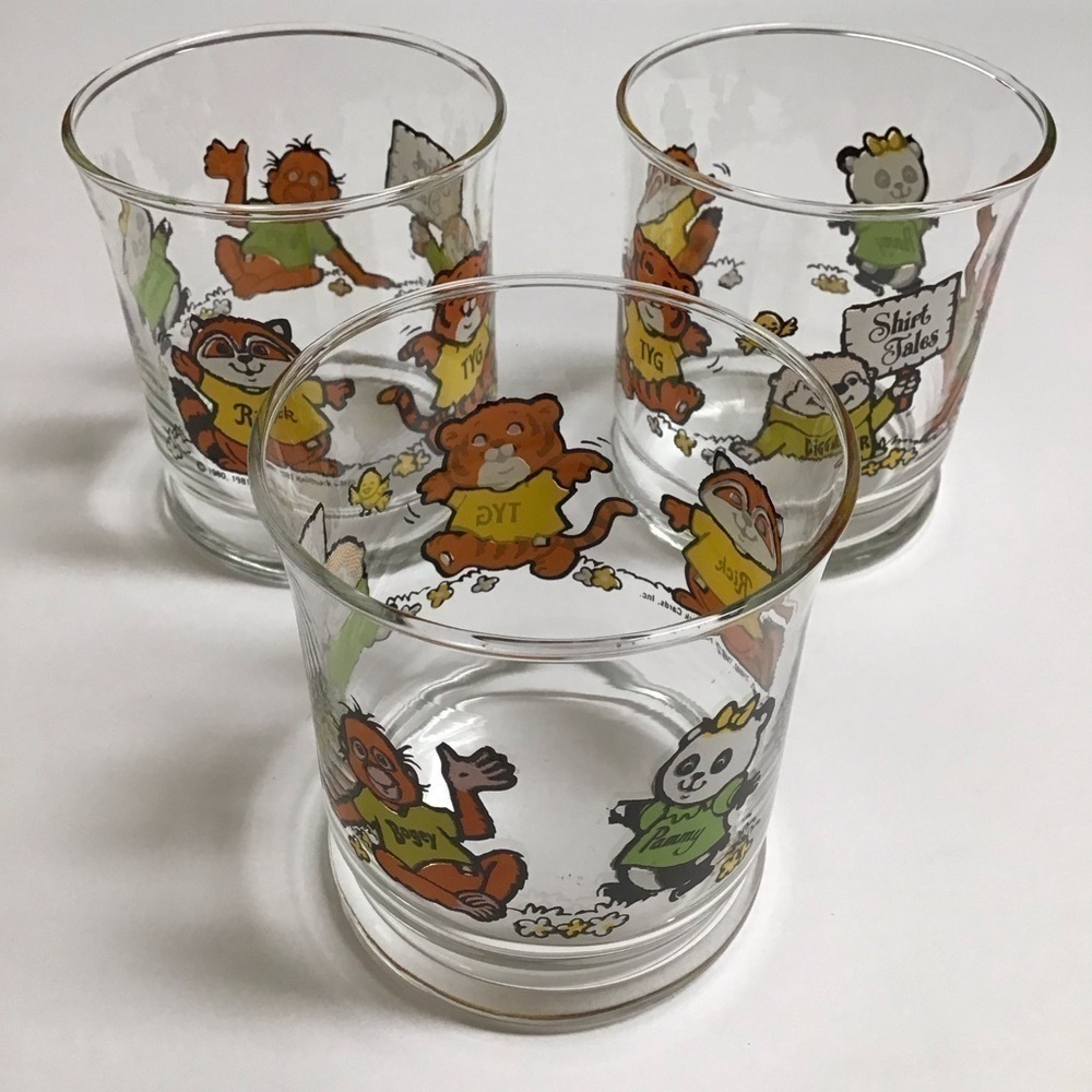 Shirt Tales Juice Glasses SET OF 3 Pammy Rick Tyg Cartoon ‘82 Hallmark Vintage